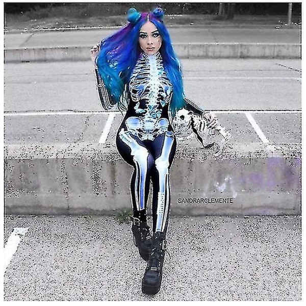 Kvinnors Halloween Skeleton 3d Print Kostym Bone Skull Skinny Body Jumpsuit Sexig Skull Bodysuit Men M Women 2XL