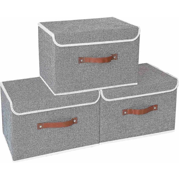 3-pack förvaringslådor med lock Hopfällbara linnetyg förvaringskorgar för handdukar, böcker, leksaker,