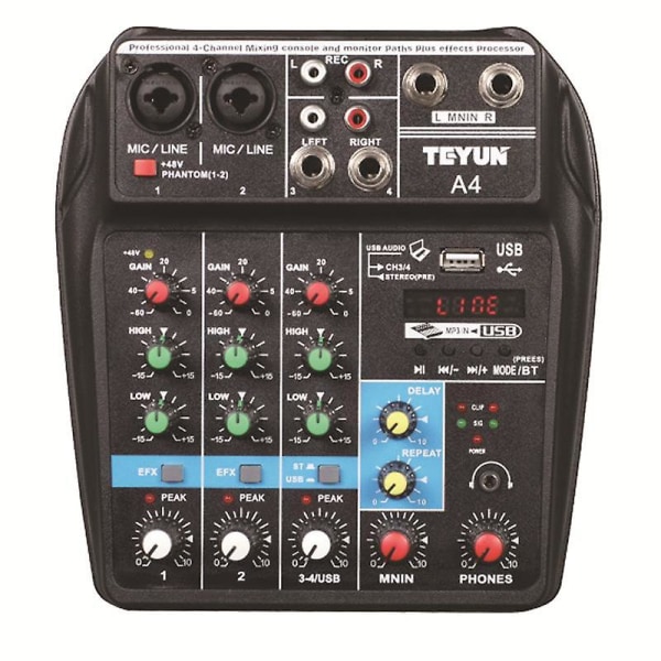 Teyun A4 4-kanals bluetooth 4.0 ljudmixer mixerkonsol Ljudkort 48V Phantom Power
