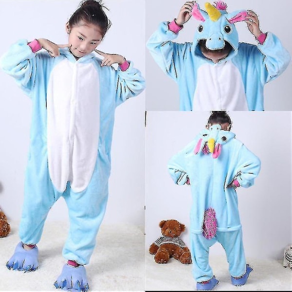 Barn Onesie Flanell Pyjamas Tecknad Djurfigur Kostym med Huva Vinter Hem Kostym För Little Pink Dinosaur