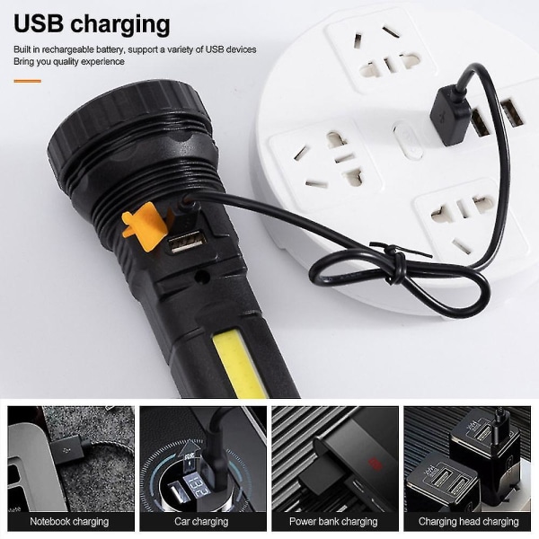 USB/solar laddningsficklampa Inbyggd batterifackla med Cob Side Lanterna Vattentät Hand Camping