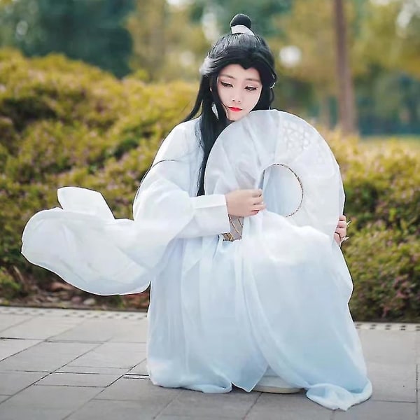 Xie Lian Cosplay Kostym Tian Guan Ci Fu Cosplay Xielian Peruker Bambu Hatt Prop Vit Han Fu Anime Out only wig
