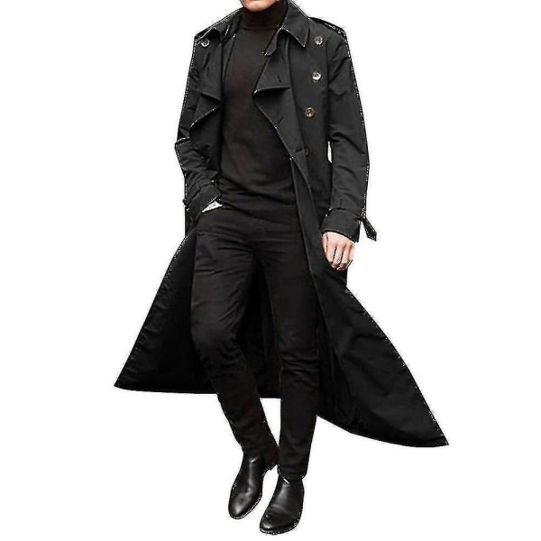 Män Trench Coat Dubbelknäppt Lapel Windbreaker Man Långjacka Ytterkläder Black