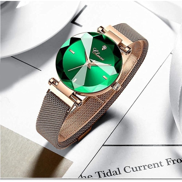 Mode Dam Rose Gold Watch Japan Quartz Stainless Steel Magnetic Mesh Band Vattentät Damklocka