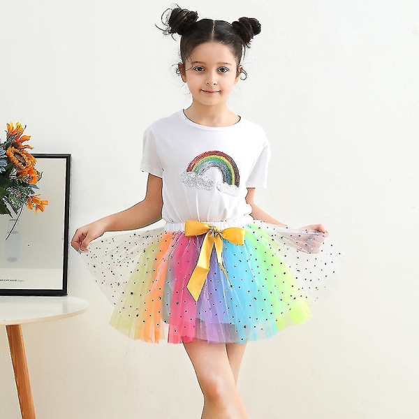 Layered Balett Tyll Rainbow Tutu kjol för små flickor Klä upp med färgglada hårrosetter RS004 with Bow