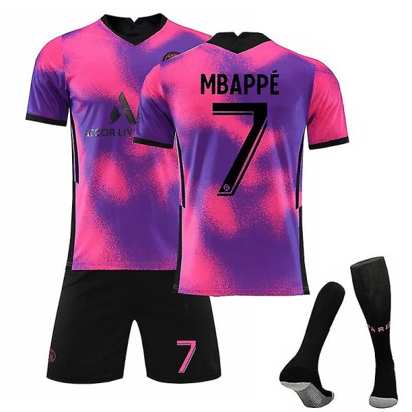 Fotbollssats för barn Fotbollströja T-shirtsats för träning 21/22 20 21 Barcelona Third Messi 10 20 21 Pink Mbappe 7 Kids 18 (100-110CM)