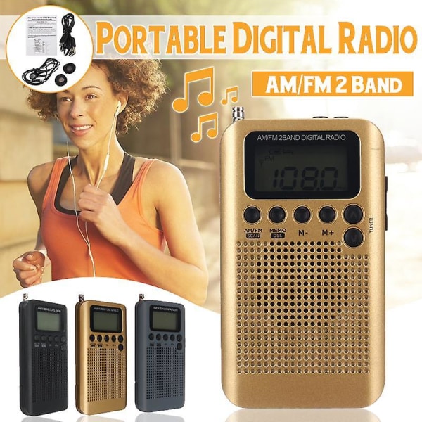 Bärbar digital FM AM-radio LCD 2-bands stereo minimottagare terrängentusiaster jogga