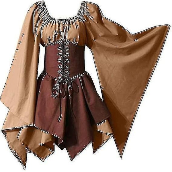 Kvinnors medeltida renässanskostymer Piratkorsettklänning Kvinnor Flare Sleeve Traditionell irländsk kort Khaki and Brown