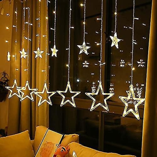 Solar 138 Led Star Moon Curtain String Lights, utomhus fönstergardin blinkande ljus, 8 blinkande lägen