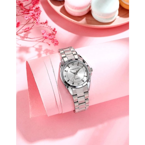 Kvinnor Flickor Vattentät rostfritt stål Quartz Watch Rund Analog Blå Silver Rosa Lady Steel Watch