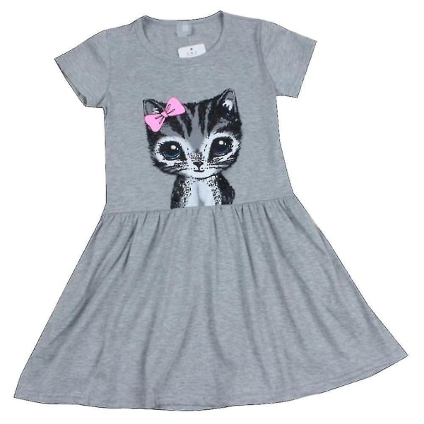 2-7 år flickor kortärmad svängklänning Printed A-linjeklänning Grey