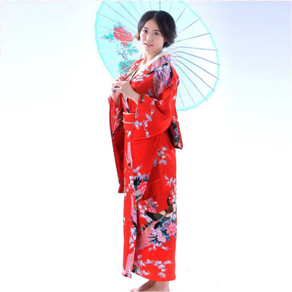 Kvinnor Flickor Japansk Satin Lång Kimono Yukata Foto Cosplay sky blue red