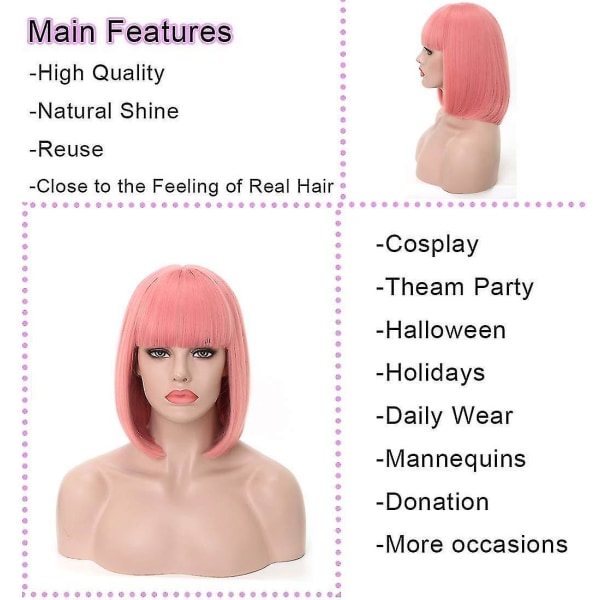 Rosa Star kort bob hår peruker med platt lugg Rak syntetisk färgglad kostym Cosplay peruk för Wo