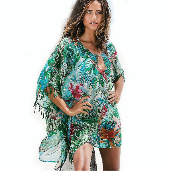 Fåglar Blomma Blad printed Kaftan Beachwear Boho Bikini Cover Up