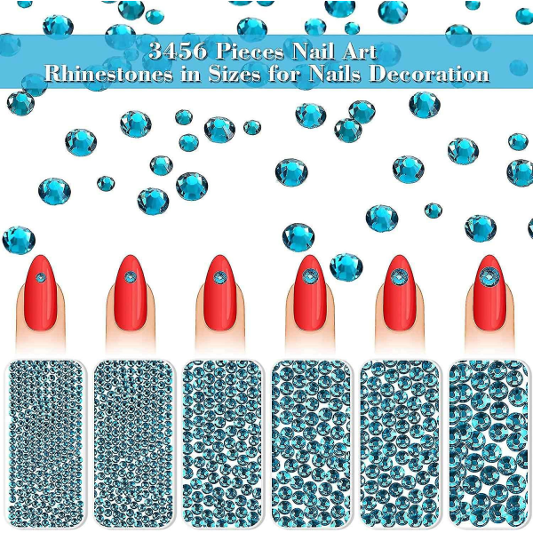 3456 bitar Nail Crystals Ab Nail Art Strass Runda pärlor Flatback Glas Charms Gems Stones, 6 S