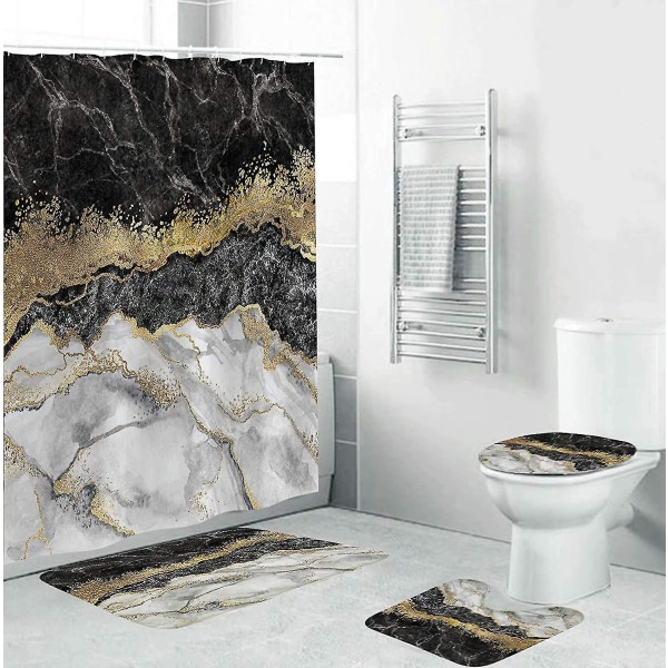 4 delar svart marmor duschdraperier med halkfria mattor, cover och badmatta, badrum