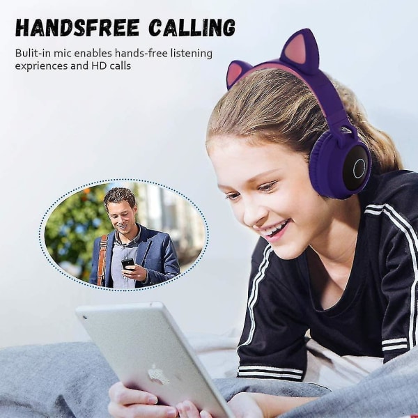 Kids 5.0 Cat Ear-hörlurar Vikbara on-ear trådlöst stereoheadset med mikrofon LED-ljus och volym