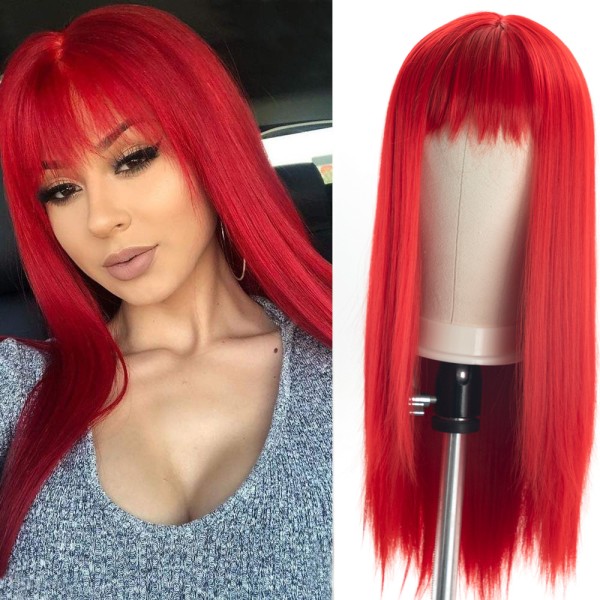 Rött långt siden rakt hår peruk med lugg för fashionabla kvinnor Värmebeständig naturlig look hår peruk för fest Cosplay