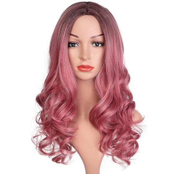 Lång rosa peruk lockiga vågiga peruker för kvinnor flickor Syntetisk mittdel peruker Cosplay Party Pastellperuker H