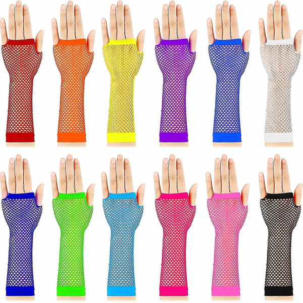 12 par Fingerless Fishnet Neon Handskar, 80-tals långa mesh Fingerless Handskar, 80-tals festkostymacce