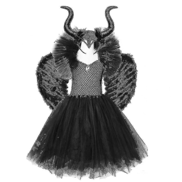 Halloweendräkter Barn Flickor Svart Klänning Ankellängd Klänningar Djävulsdräkter Kläder Horns Vingar Dress horn wings