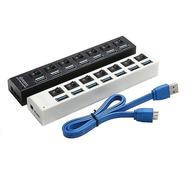 USB Hub 3.0 Splitter 7 Port USB Data Hub med individuella på/av-brytare och lampor