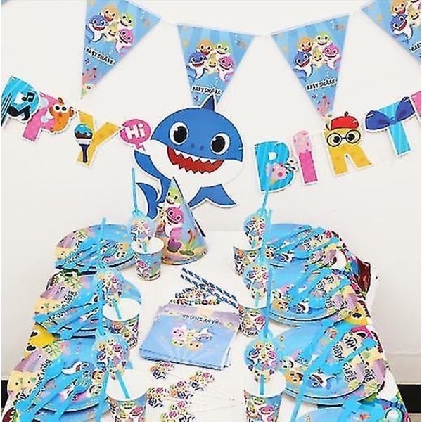 Blue Baby Shark Birthday Inkludera Pixel Game Grattis på födelsedagen Banner Cake Cosplay Party Decorate Games