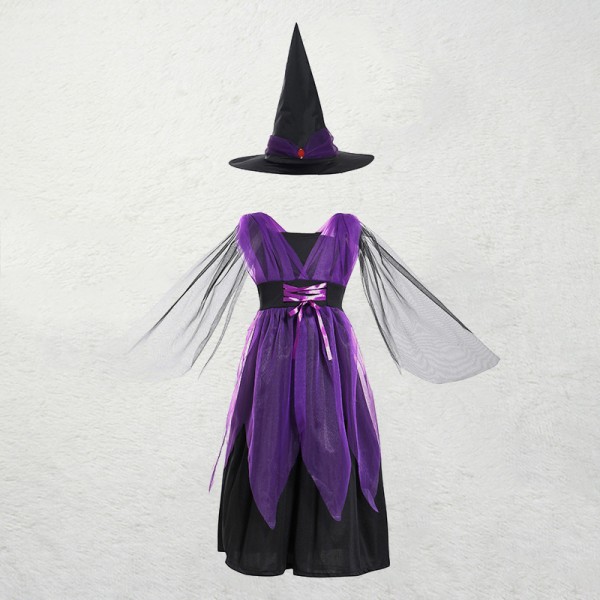 Halloween barndräkt Animedräkt Häxa Cosplay Halloween kostym (12-13 år gammal, lila långhäxa)