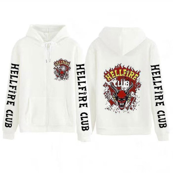Stranger Things Hoodie Hellfire Club Print Sweatshirt Hooded Loose Zip Sweatshirt Topp Hellfire Club White