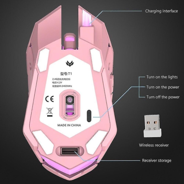 Rosa Svart T1 Ergonomisk 2.4G uppladdningsbar mus för PC Dator Tyst Bakgrundsbelyst USB Optisk trådlös