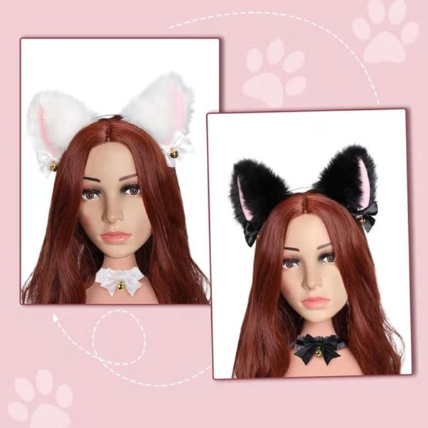 Faux Fur Kitten Ears Pannband med Choker Halsband Set Lolita Cosplay kostym Black White