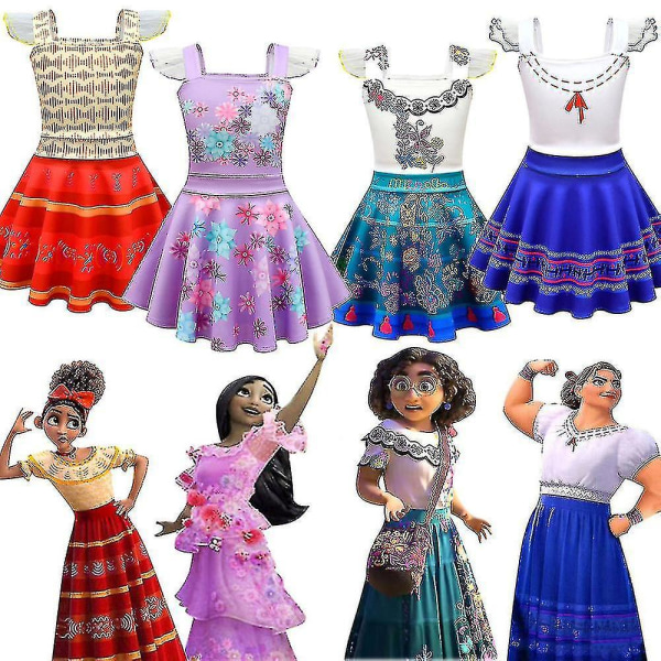 Flickor Encanto Kostym Barnklänning Peruker Rekvisita Karnevalsfest Finklänning Mirabel Dress