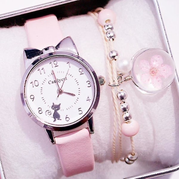 Studenter Pink Leather Child Hours Cat Quartz Armbandsur（Röd）