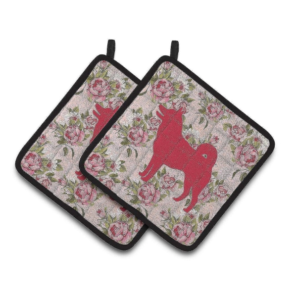 Shiba Inu Shabby Chic Pink Roses Ett par grytlappar