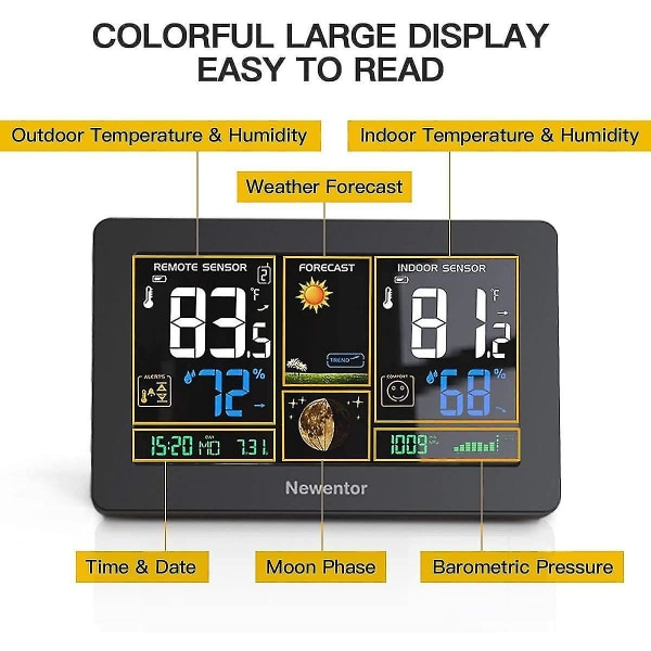 Väderstation - trådlös inomhustermometer för utomhusbruk, färgskärm, med atomklocka, prognos St.