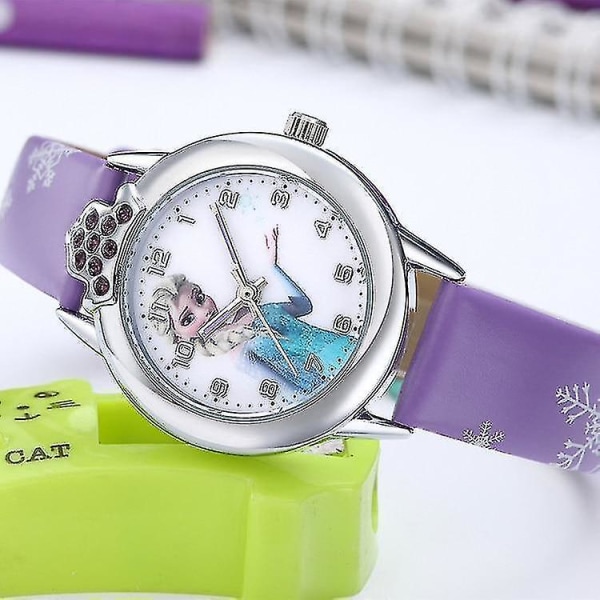 Princess Pattern Watch, Cartoon Leather Quartz Armbandsur（Ljuslila）
