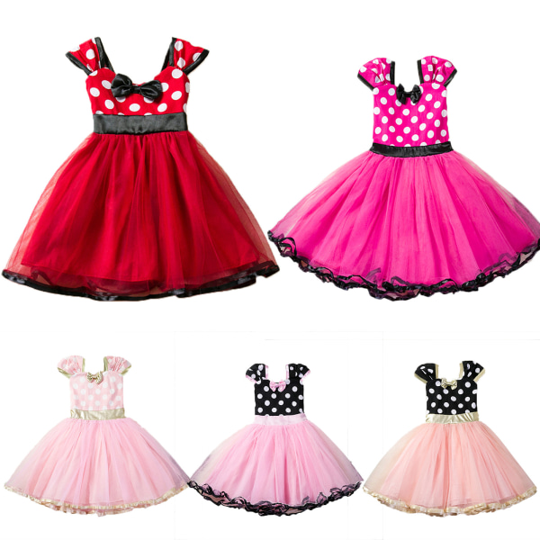 Barn rosett Polka Dot Princess Dress Shoulder Party Cosplay red 100cm rose red 100cm