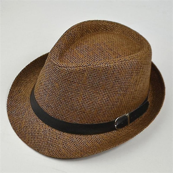 Retro Straw Fedora Top Jazz Pläd Hat - Spring Summer Bowler Cap（Khaki）