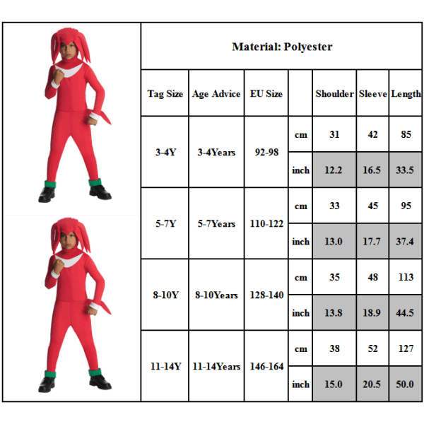 Sonic The Hedgehog Cosplay kostymkläder för barn, pojkar, flickor Jumpsuit + Mask + Handskar 9-10 år = EU 134-140 Knuckles Jumpsuit + Mask + Handskar 10-14 år = EU 140-164