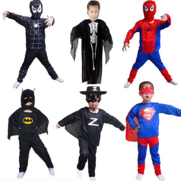 Barn uperhjälte Cosplay Kostym Fancy Dress Up Kläder Outfit et Batman S Skeleton Frame L