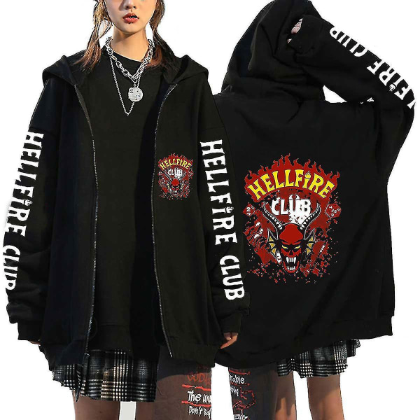 Stranger Things Hoodie Hellfire Club Print Sweatshirt Hooded Loose Zip Sweatshirt Topp Hellfire Club grey