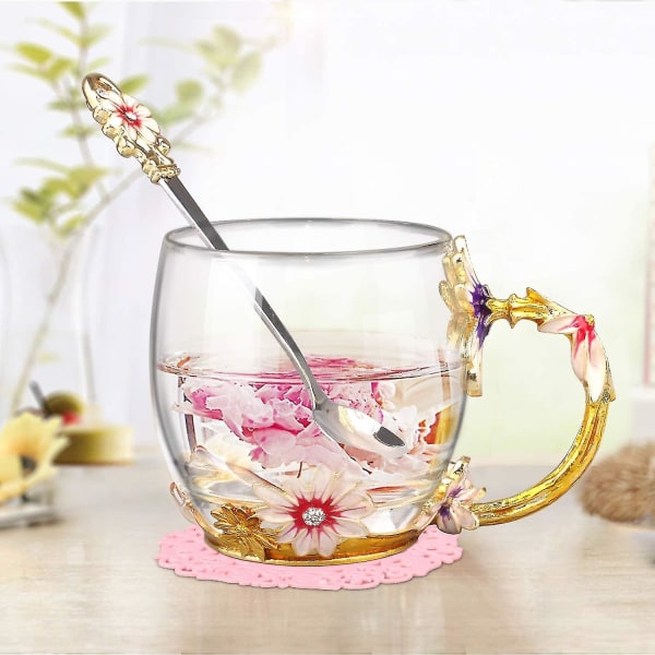 Blomma tekopp i glas kaffemuggar med härlig sked och presentförpackning Personliga presenter för kvinnor mamma te