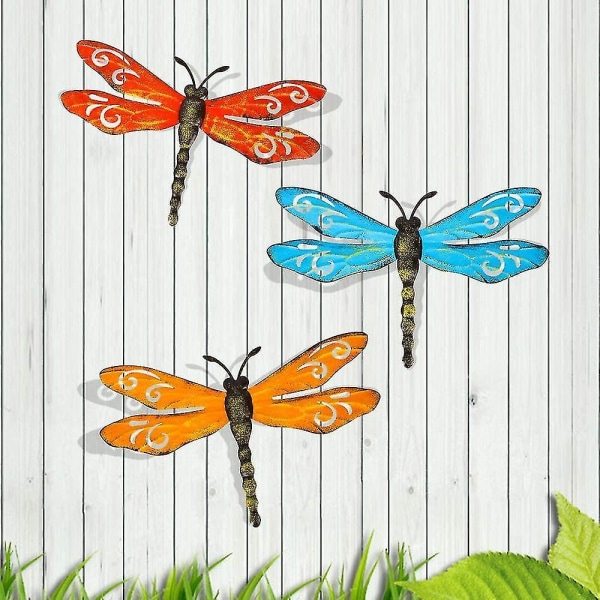 Metallslända väggdekor utomhus trädgård staket konst, hängande dekorationer, 3d Dragonfly Set med Vibran