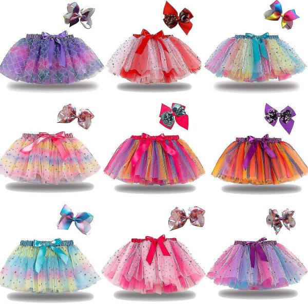 Layered Balett Tyll Rainbow Tutu kjol för små flickor Klä upp med färgglada hårrosetter RS019 with Bow