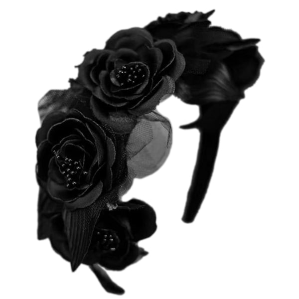 Gothic Floral Pannband Svart Blomma Headpiece Choker Halsband Tyll Veil Cosplays Kostym Accessoar Halloween Smycken Black flower headban Black flower headban