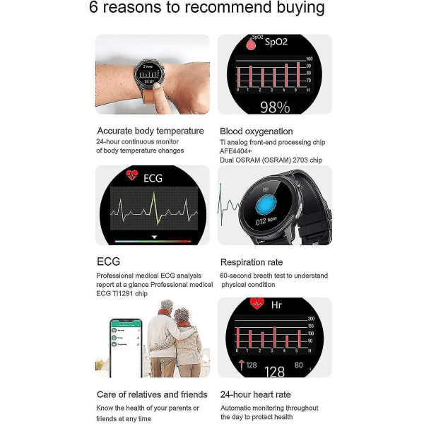Lämplig för Android IOS, E80 Body Smart Watch Temperaturmätning PPG + EKG IP68 Vattentät