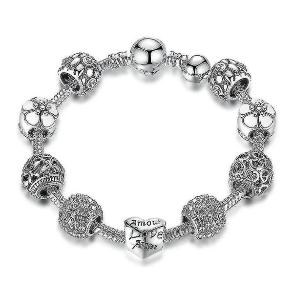 Silverpläterad berlockarmband & armring med kärlek och blompärlor (21cm)