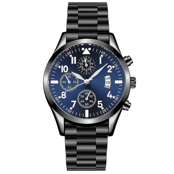 Quartz Armbandsur Classic Calendar Herr Business Steel Watch（12 Läder-Svart-Blå）