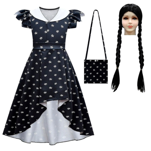 Barn Vuxen Onsdag Addams Onsdag Cosplay Kostym Svart Klänning Outfits Uniform Halloween Karneval Kostym För Kvinnor Flickor Dress bag XL Dress bag wig 9T-150