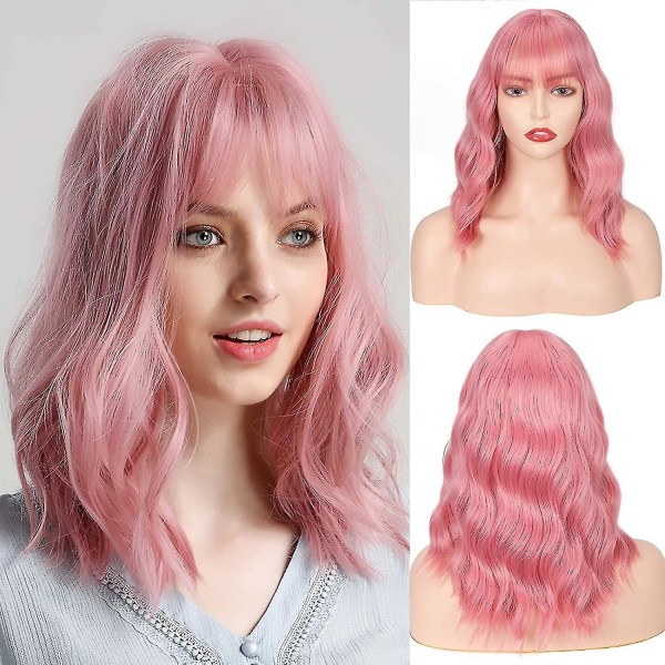 14 tum kort lockigt hår damperuker, rosa peruk med lugg Syntetisk kort vågig peruk för kvinnor flickor